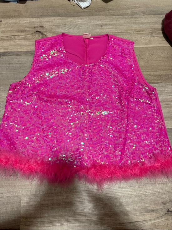 Grace And Emma Tops - Grace & Emma Hot Pink Sequin Feather Trim Tank Top